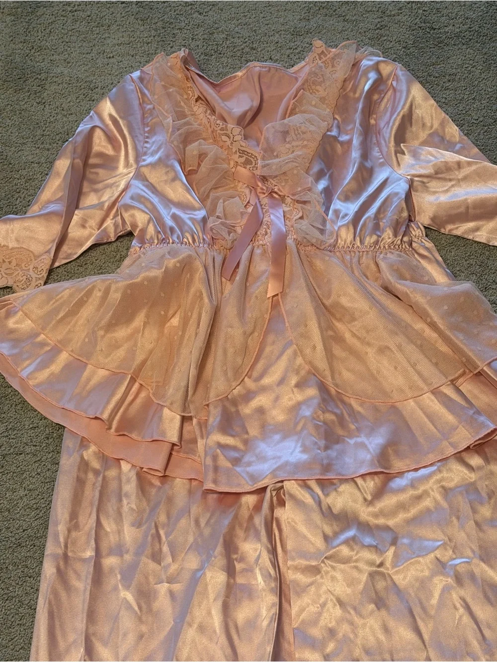 Women's Pink Satin Lace Trim Pajama Set -M